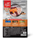 Orijen pet food package with ingredients and benefits listed on a white background