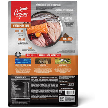 Orijen pet food package with ingredients and benefits listed on a white background