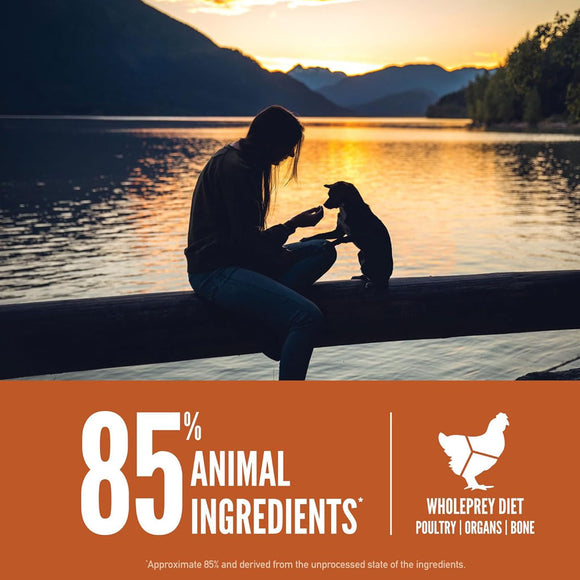 Person and dog sitting on a log by a lake at sunset with promotional text about animal ingredients.