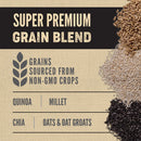 Super premium grain blend label with grains on a brown background