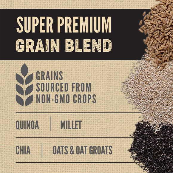 Super premium grain blend label with grains on a brown background