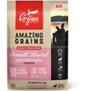 Orijen Amazing Grains dog food package with a silhouette of a person and dog by a lake.