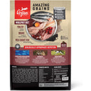 Orijen dog food package with ingredients and nutritional information on a white background