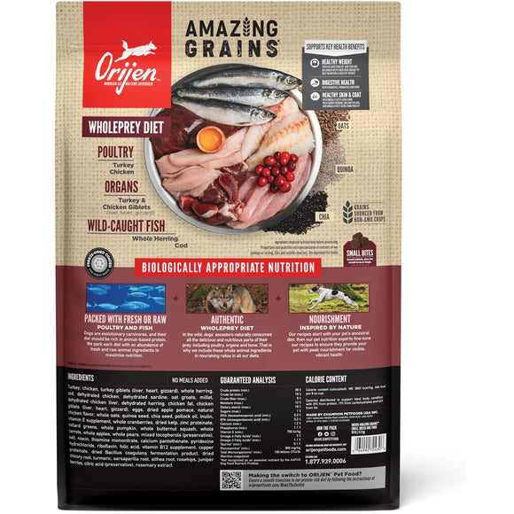 Orijen dog food package with ingredients and nutritional information on a white background