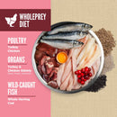 Wholeprey Diet product with ingredients including poultry, organs, and wild-caught fish on a pink and beige background.