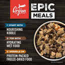 Orijen pet food packaging with a bowl of kibble on a dark background