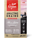 Orijen dog food package with 'Amazing Grains' and 'Fit & Trim' text on a white background