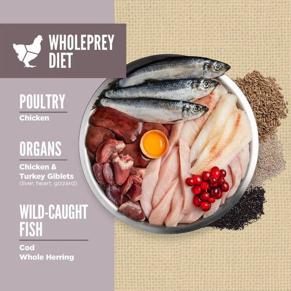 Wholeprey Diet food bowl with various ingredients on a beige background