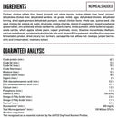 Dog food ingredient list and guaranteed analysis chart on a white background