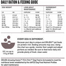 Orijen daily ration and feeding guide for dogs with weight categories and corresponding feeding amounts.