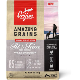 Orijen Amazing Grains Fit & Trim dog food package on a white background