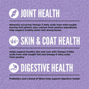 Health benefits of Omega-3 fatty acids and other ingredients on a purple background