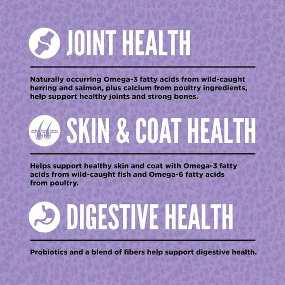 Health benefits of Omega-3 fatty acids and other ingredients on a purple background
