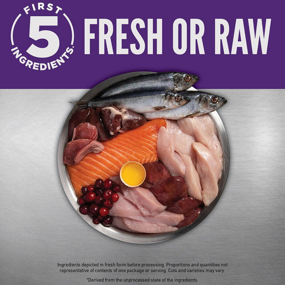 Assorted raw meats and fish on a metallic surface with 'First 5 Ingredients' branding.