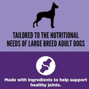 Dog food packaging with text about nutritional needs for large breed dogs and joint support on a purple background.