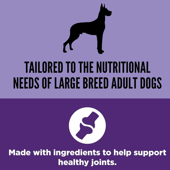 Dog food packaging with text about nutritional needs for large breed dogs and joint support on a purple background.
