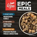 Orijen dog food mix with text on a wooden background