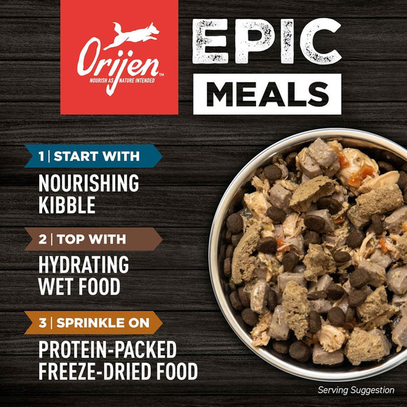 Orijen dog food mix with text on a wooden background