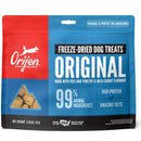 Orijen freeze-dried dog treats packaging with red and blue design.