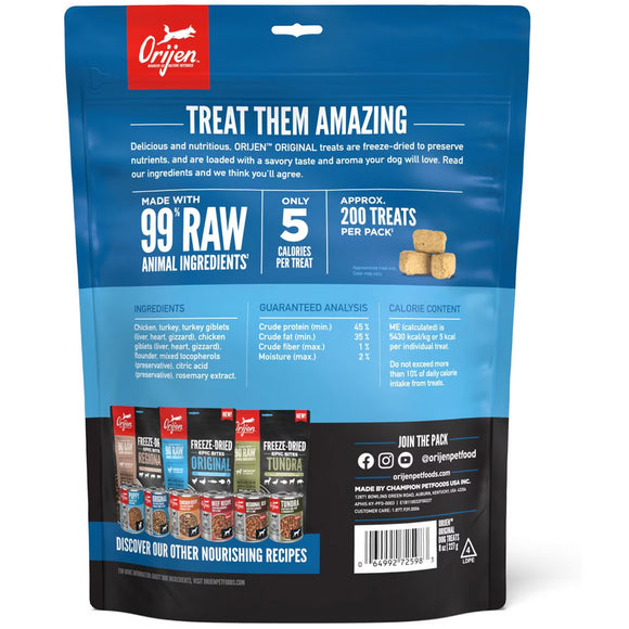 Orijen dog treat package with blue and black design