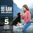 Woman in pink sweater feeding a dog treat with scenic background
