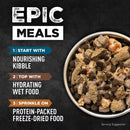 Dog food bowl with text on a dark background