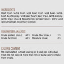 Ingredients list and guaranteed analysis for a pet food product on a white background.