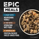 Bowl of pet food with text on a dark background