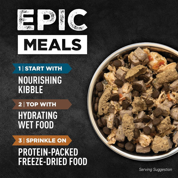 Bowl of pet food with text on a dark background