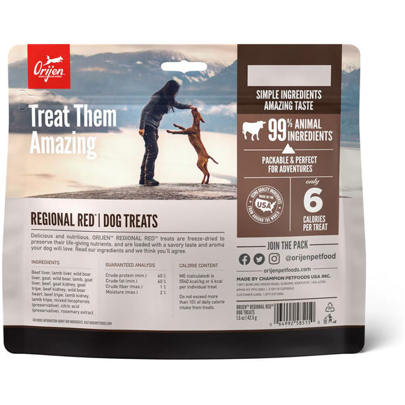 Orijen dog treats packaging with a person and dog on a beach