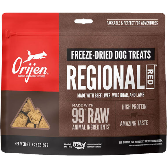Orijen Regional Red freeze-dried dog treats packaging on a white background