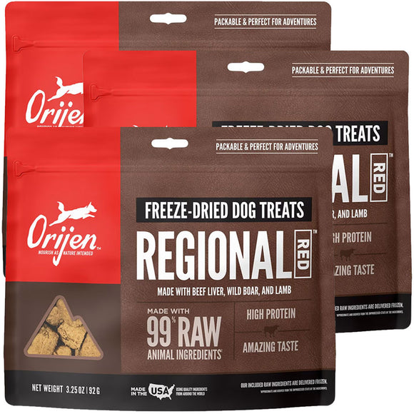 Orijen freeze-dried dog treats packaging on a white background