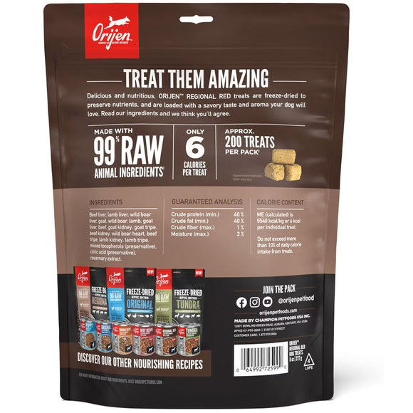 Orijen dog treat package with branding and product details on a white background