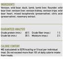 Product label with ingredients, guaranteed analysis, and calorie content on a white background