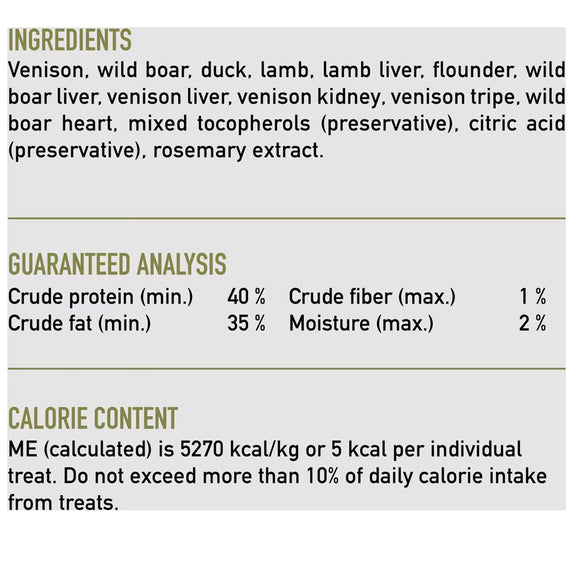 Product label with ingredients, guaranteed analysis, and calorie content on a white background