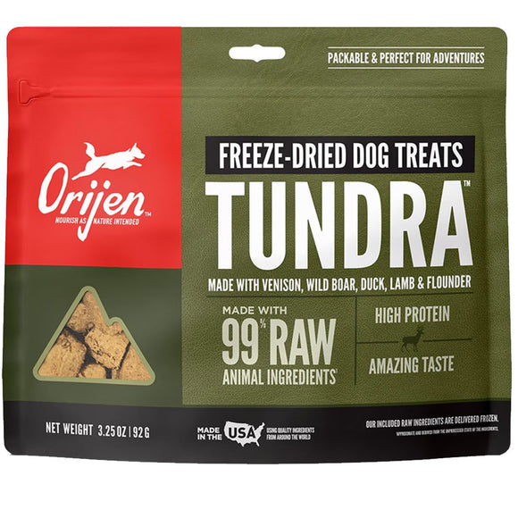 Orijen Tundra freeze-dried dog treats packaging on a white background