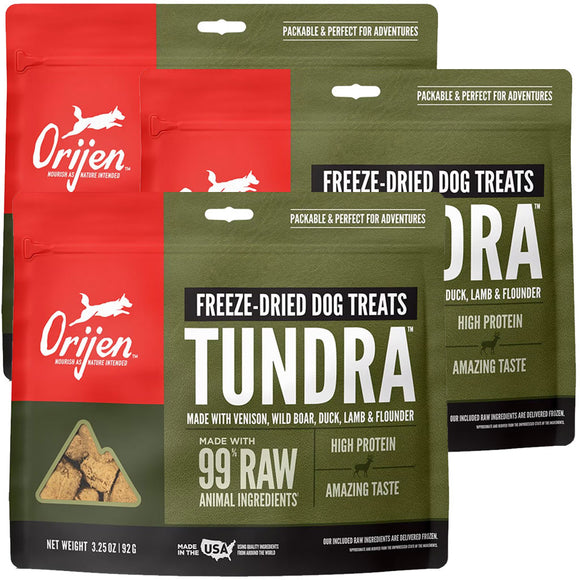 Orijen Tundra freeze-dried dog treats packaging on a white background