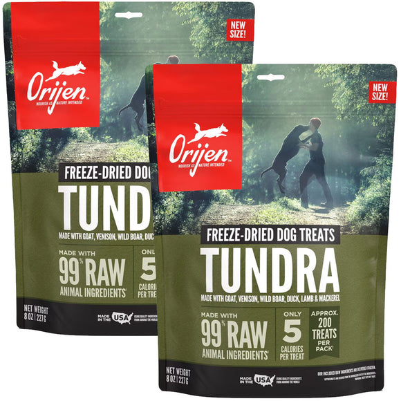 Two packages of Orijen Tundra freeze-dried dog treats with a person and dog in the background.