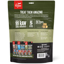 Orijen pet food packaging with text and images of treats on a white background