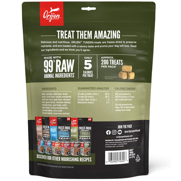 Orijen pet food packaging with text and images of treats on a white background