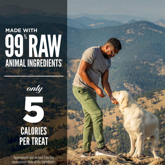 Man and dog on a mountain with health food label text overlay