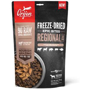 Orijen freeze-dried dog food package on a white background