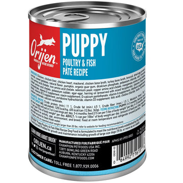 Orijen puppy food can with blue and red label on a white background