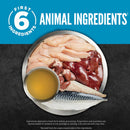 Raw animal ingredients on a plate with a blue background and text about first six ingredients.