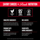 Product label for 'Savory Shreds for Peak Nutrition' with key features highlighted.