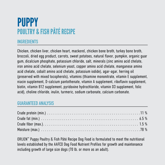 Dog food recipe card for Puppy Poultry & Fish Páté Recipe with ingredients and guaranteed analysis.