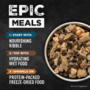 Bowl of pet food with text on a dark background