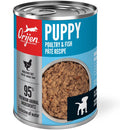 Orijen can of puppy food with poultry and fish páté recipe on a white background