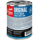 Orijen can of original stew with shredded chicken, turkey, and eggs on a white background