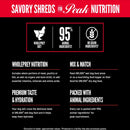 Orijen savory shreds for peak nutrition packaging with key features highlighted.